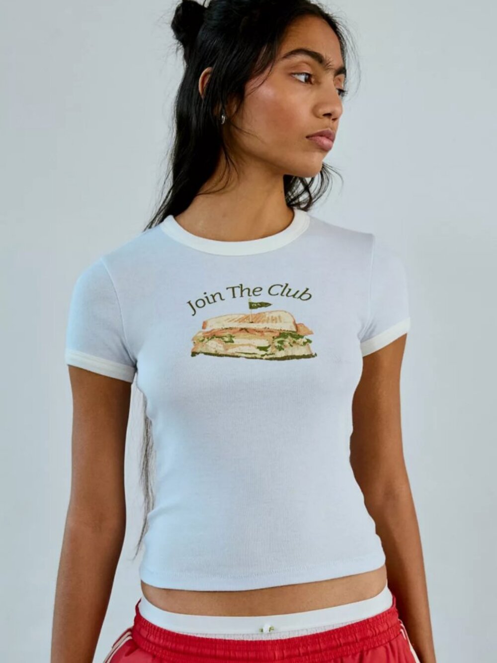BDG Too Perfect Join The Club Graphic Ringer Baby Tee Sz. M NWT